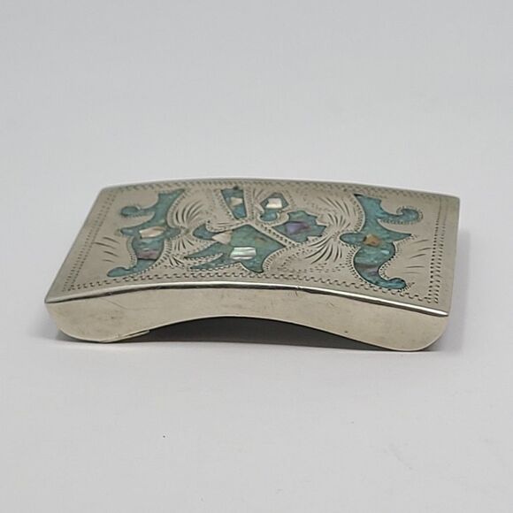 Alpaca Mexico Vintage Handcrafted Silver Belt Buckle With Abalone Turquois Inlay - Picture 6 of 6